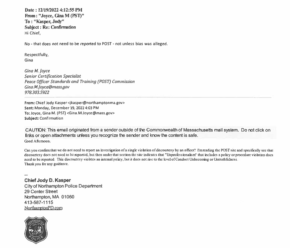 Email between Chief Jody Kasper and POST Commission's Gina Joyce, December 19, 2022.