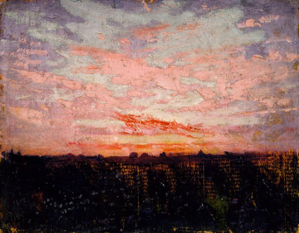 A painted image of a sunrise or sunset.