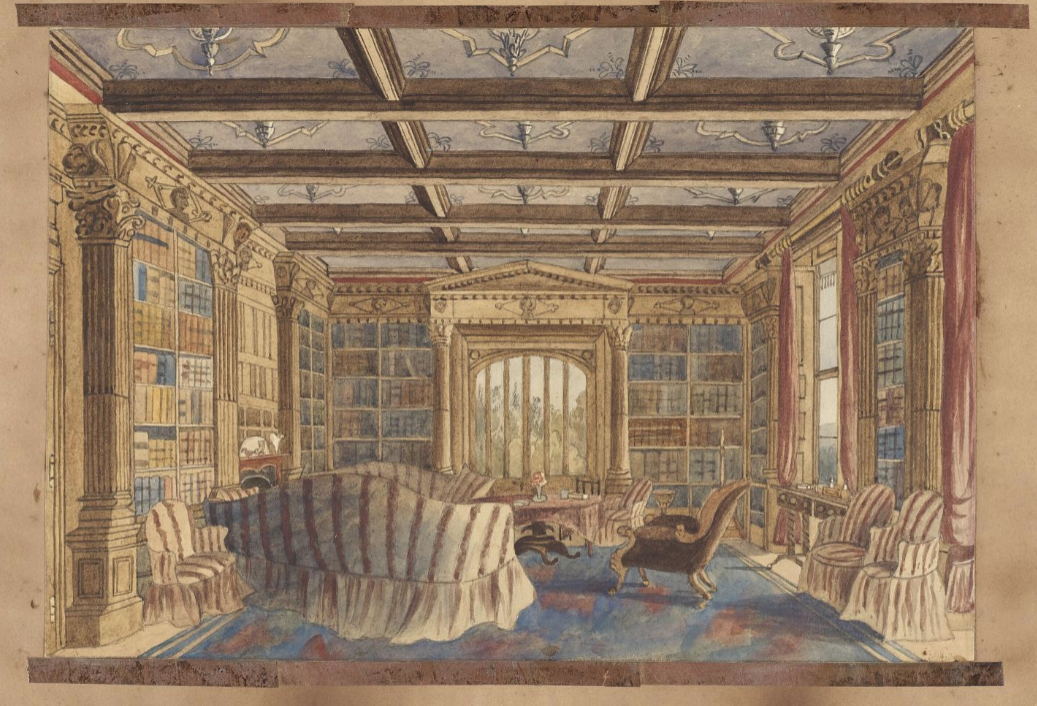 An old Victorian room includes two large couches and multiple chairs surrounded by shelves of books.
